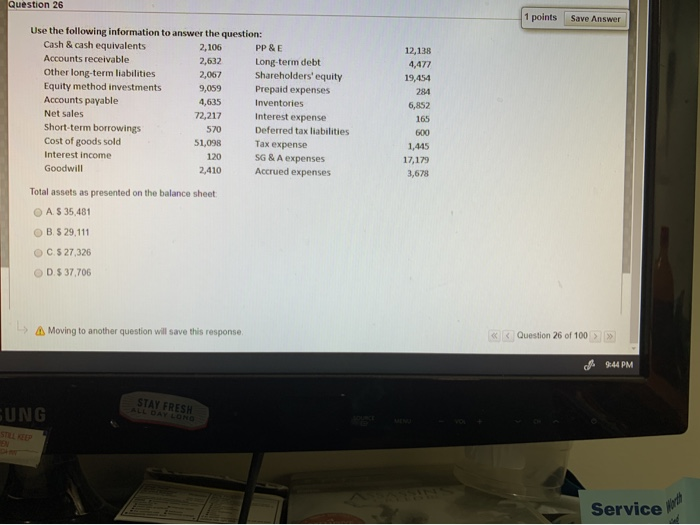  Question 26 1 points Save Answer Use the following information to