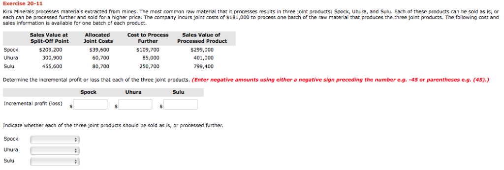  Exercise 20-11 Kirk Minerals processes materials extracted from mines. The most