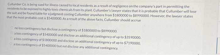 please help Cullumber Co, is being sued for illness caused to local