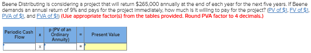 Beene Distributing is consldering a project that will return $265,000 annually