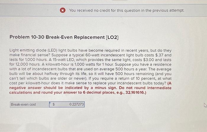  Problem 10-30 Break-Even Replacement [LO2] Light emitting diode (LED) light bulbs