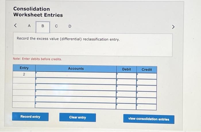sign. Consolidation Worksheet Entries D Record the basic consolidation entry. Note: Enter