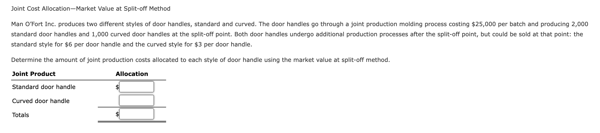 Joint Cost Allocation Market Value at Split-off Method Man O'Fort Inc.