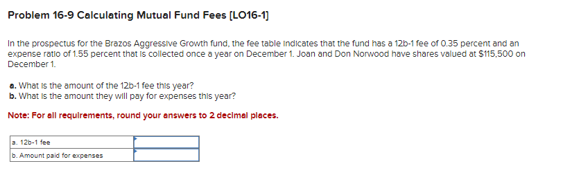  Problem 16-9 Calculating Mutual Fund Fees [LO16-1] In the prospectus for