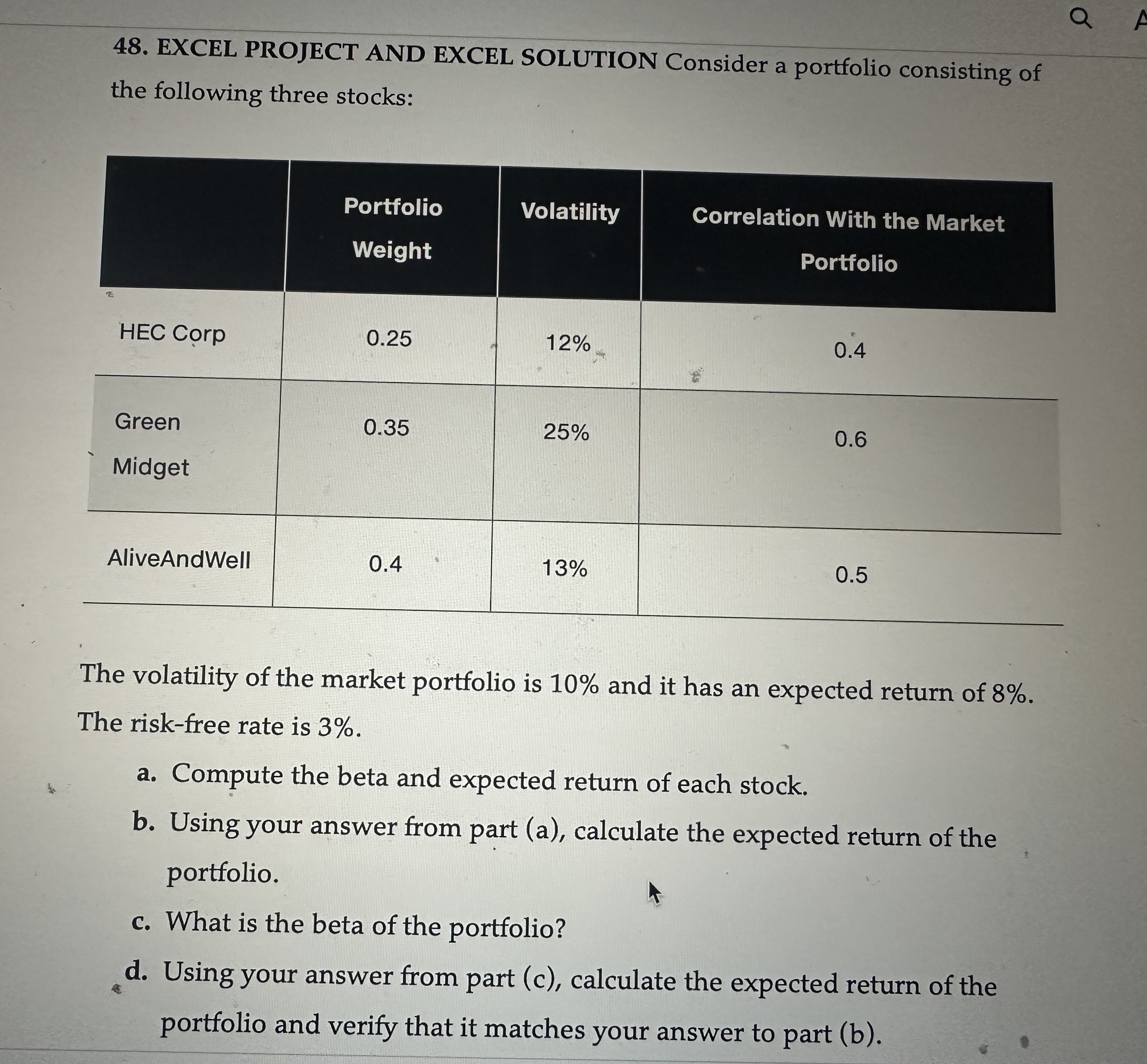  EXCEL PROJECT AND EXCEL SOLUTION Consider a portfolio consisting of the