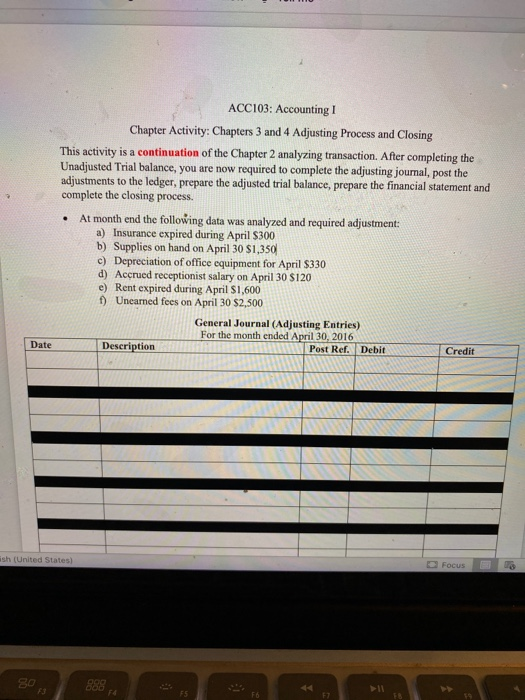 . ACC103: Accounting I Chapter Activity: Chapters 3 and 4 Adjusting