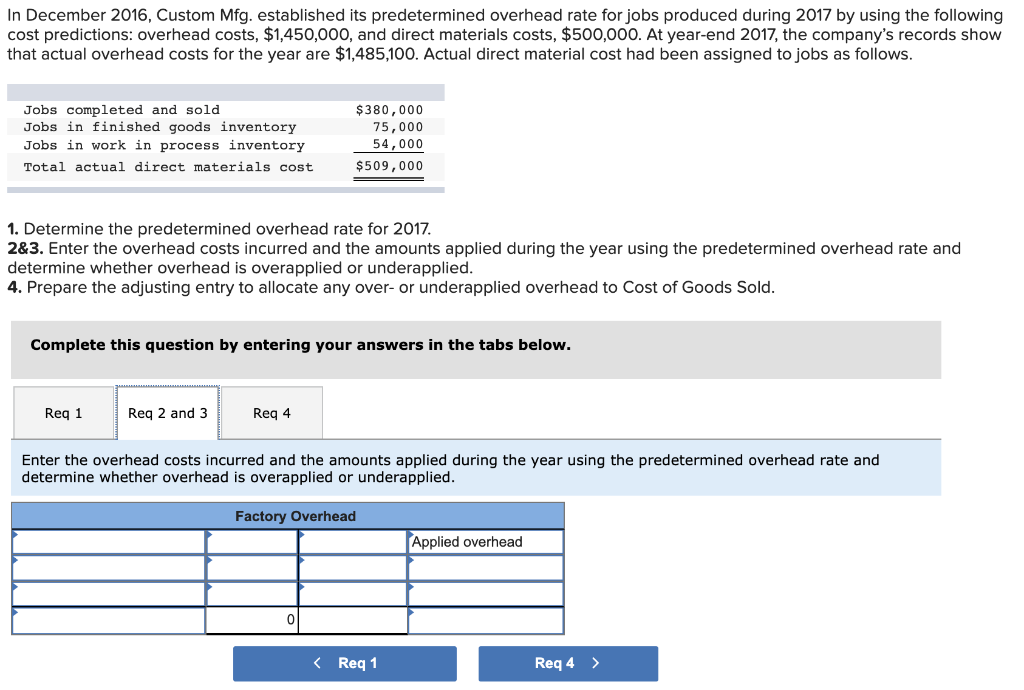 $1,450,000, and direct materials costs, $500,000. At year-end 2017, the company's records