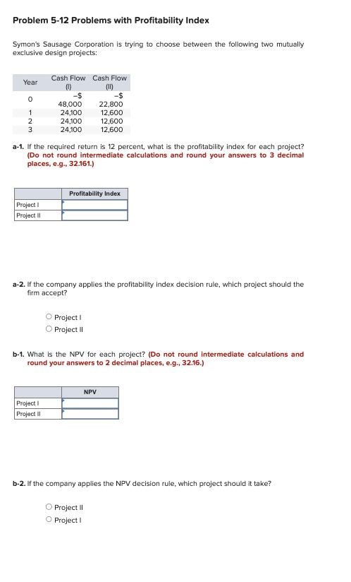 Problem 5-12 Problems with Profitability Index Symon's Sausage Corporation is trying