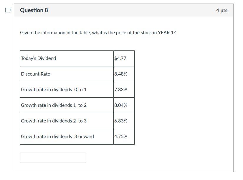  Question 8 4 pts Given the information in the table, what