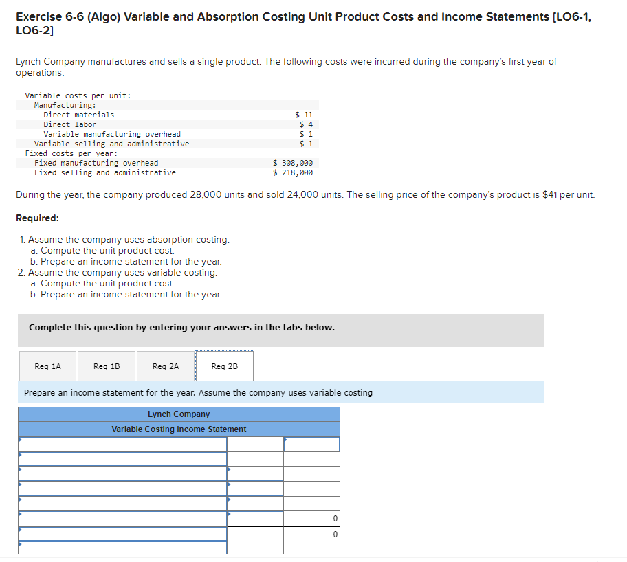 Exercise 6-6 (Algo) Variable and Absorption Costing Unit Product Costs and