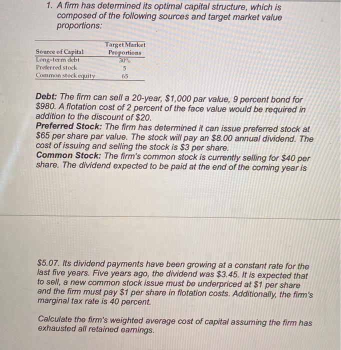  1. A firm has determined its optimal capital structure, which is