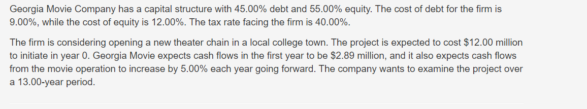 1. What is the WACC for this project? 2. What is the