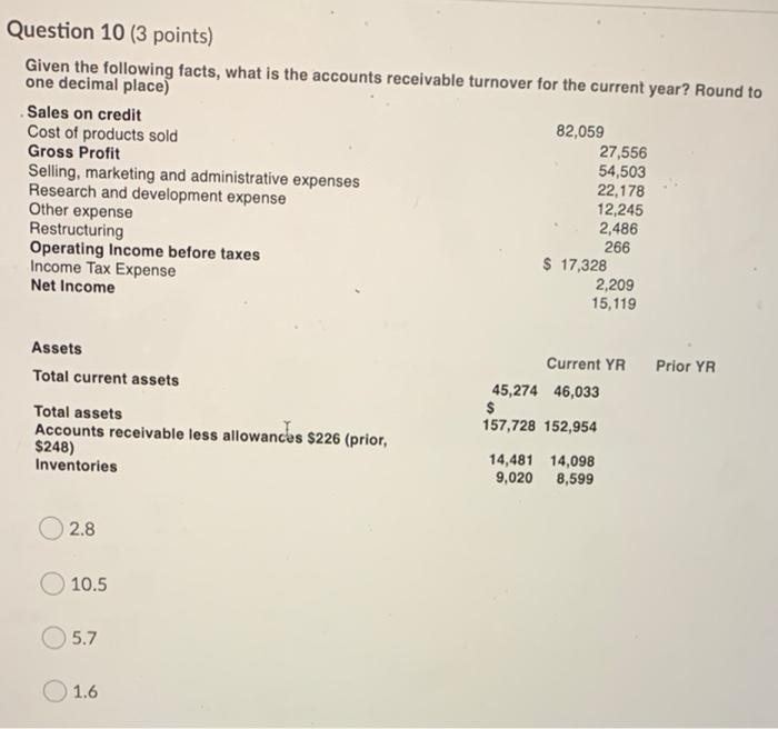 How do i solve this? Question 10 (3 points) Given the following