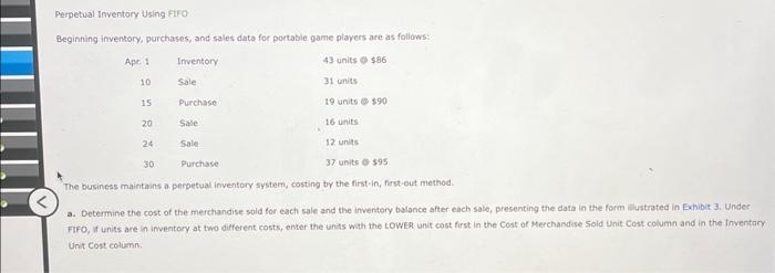  Perpetual Inventory Using FIFO Beginning inventory, purchases, and sales dato for