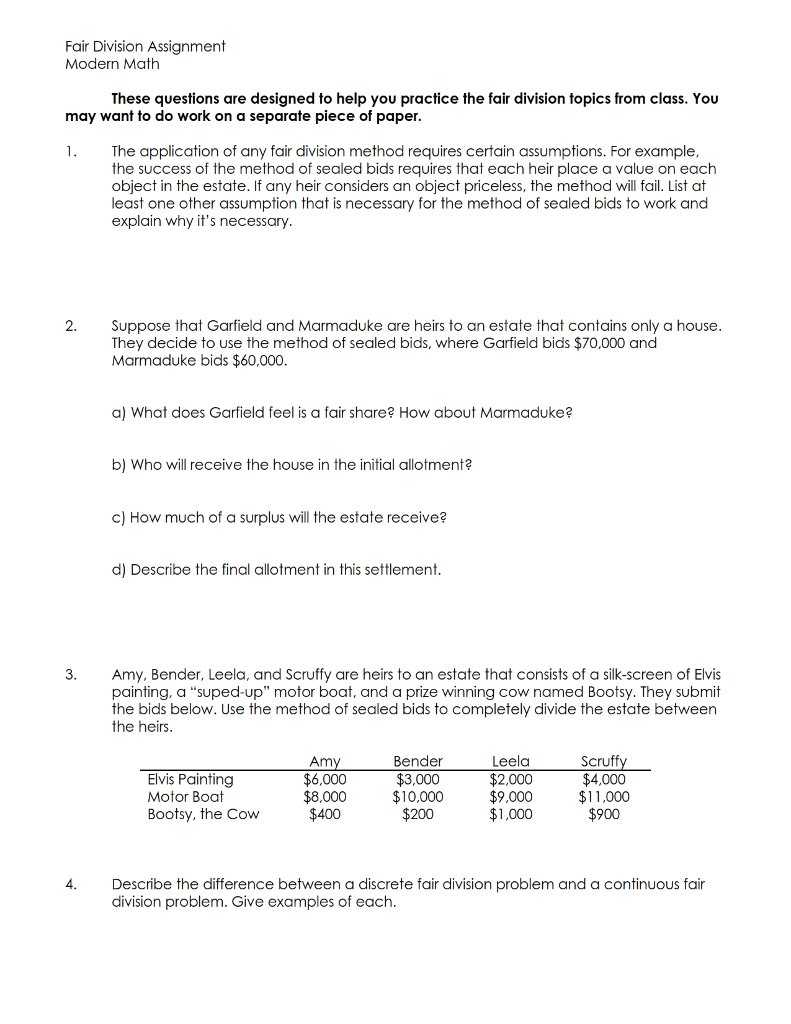  Fair Division Assignment Modern Math These questions are designed to help