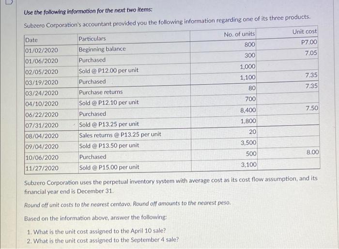  Use the following information for the next two items: Subzero Corporation's