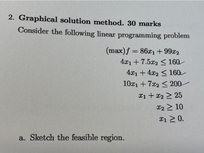  2. Graphical solution method. 30 marks Consider the following linear programming