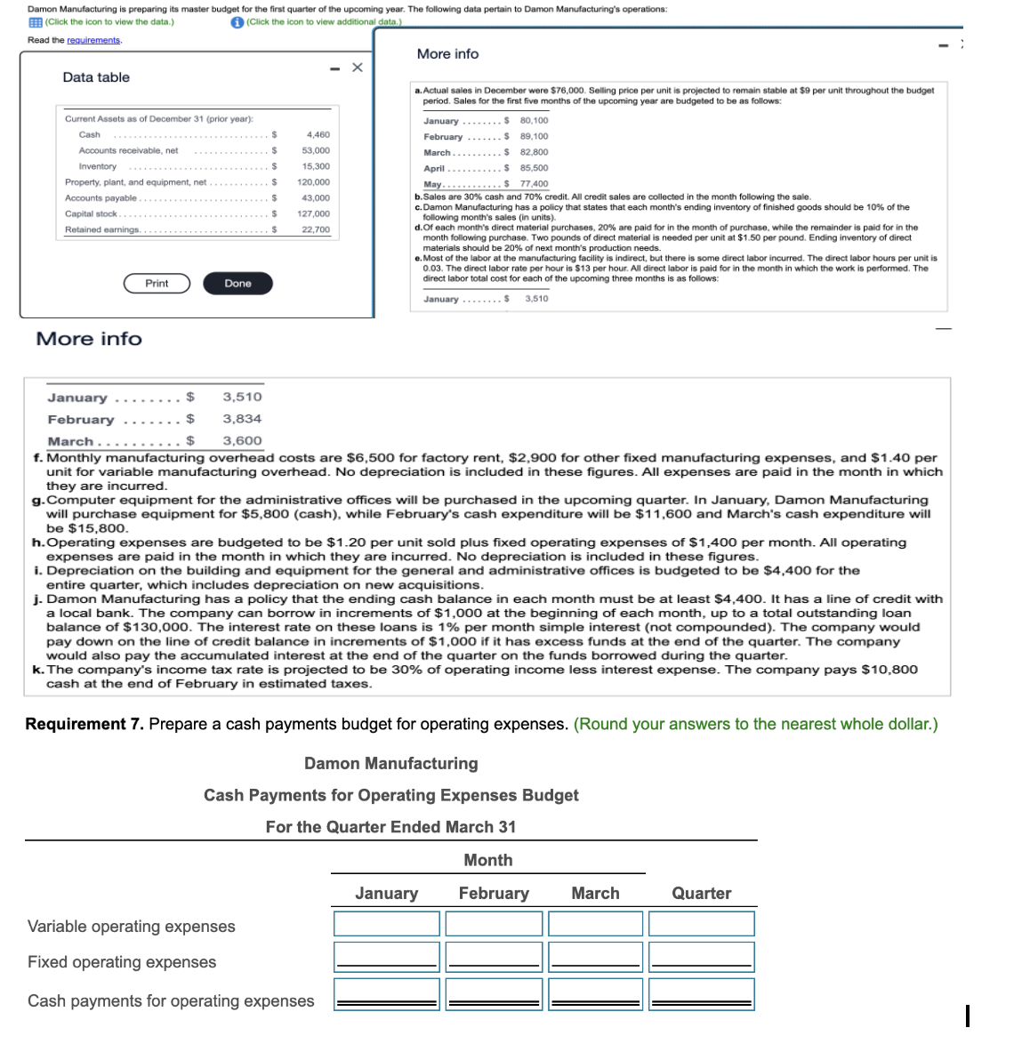  Requirement 7. Prepare a cash payments budget for operating expenses. (Round