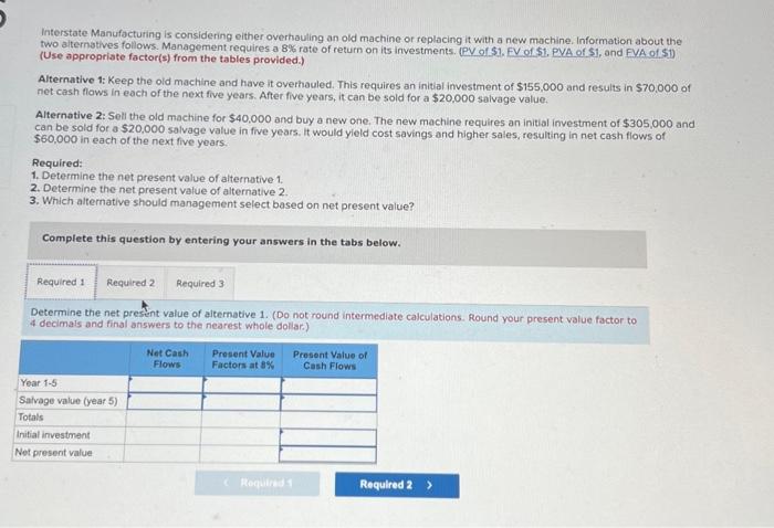  Interstate Manufacturing is considering either overhauling an old machine or replacing