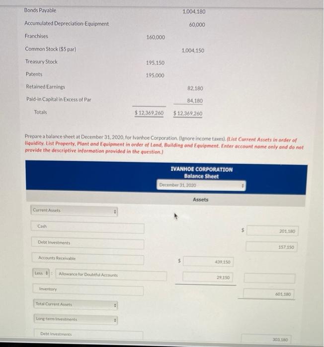 Ivanhoe Corporation at December 31, 2020. Debit Credit Cash $ 201,180 Sales