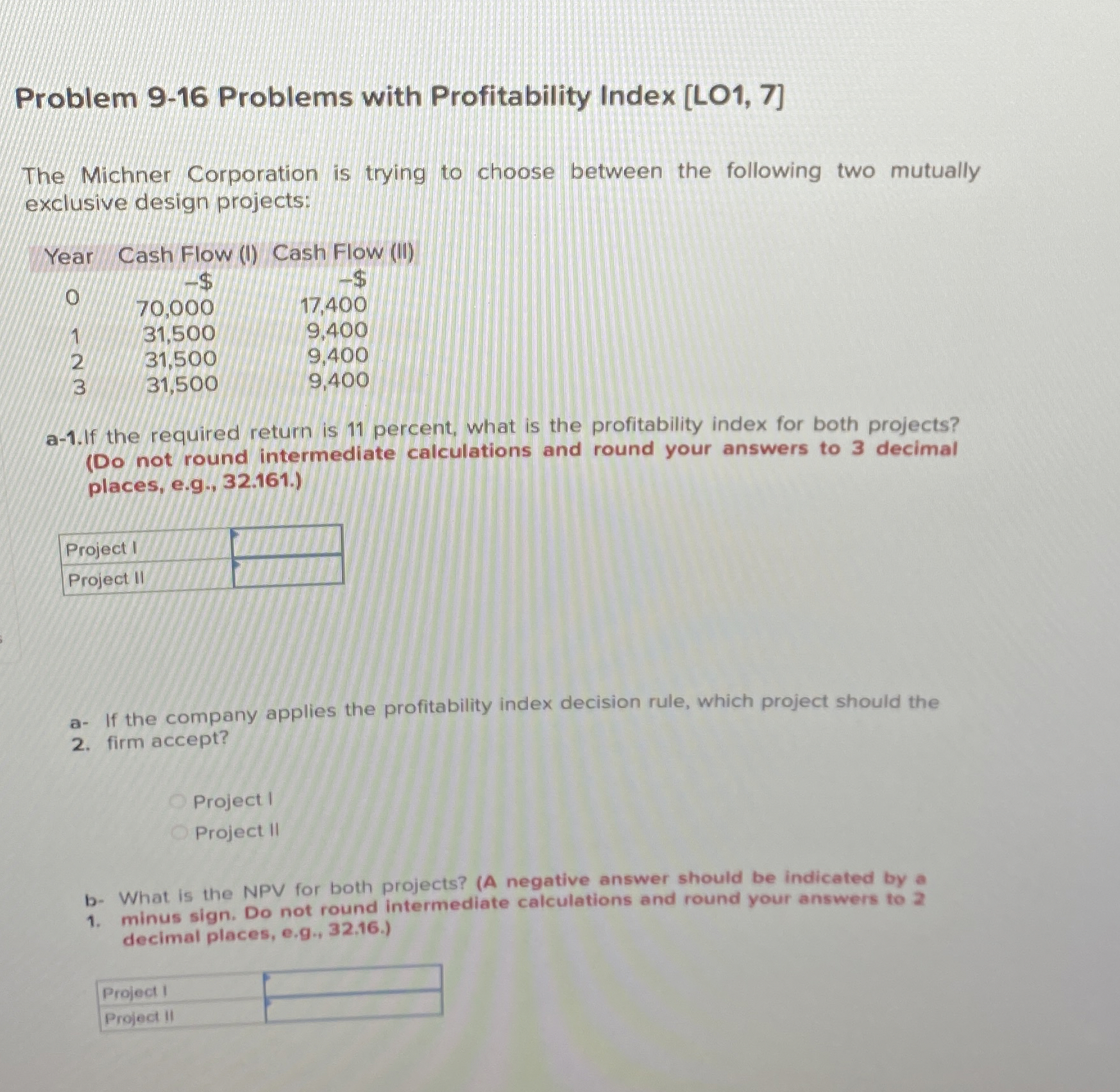  Problem 9-16 Problems with Profitability Index [LO1,7] The Michner Corporation is
