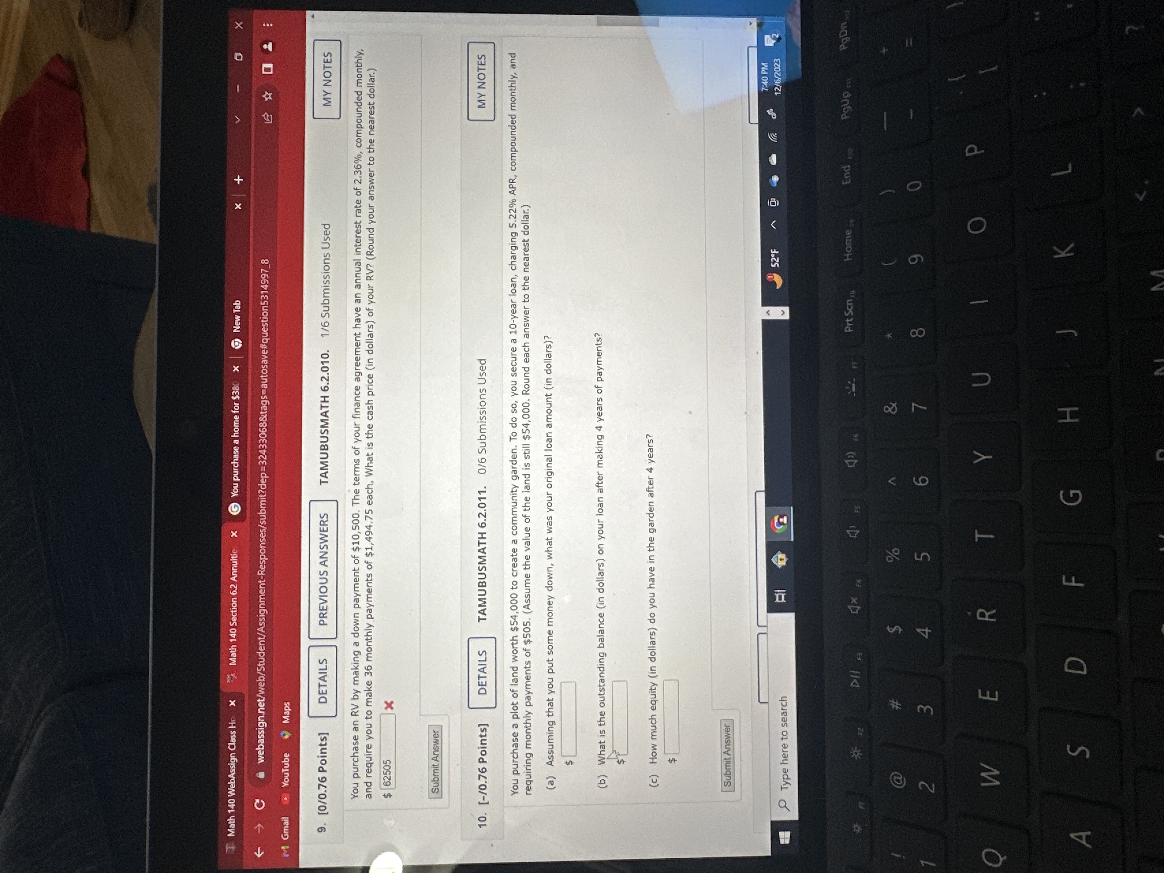  Points] TAMUBUSMATH 6.2.010.1/6 Submissions Used MY NOTES You purchase an RV