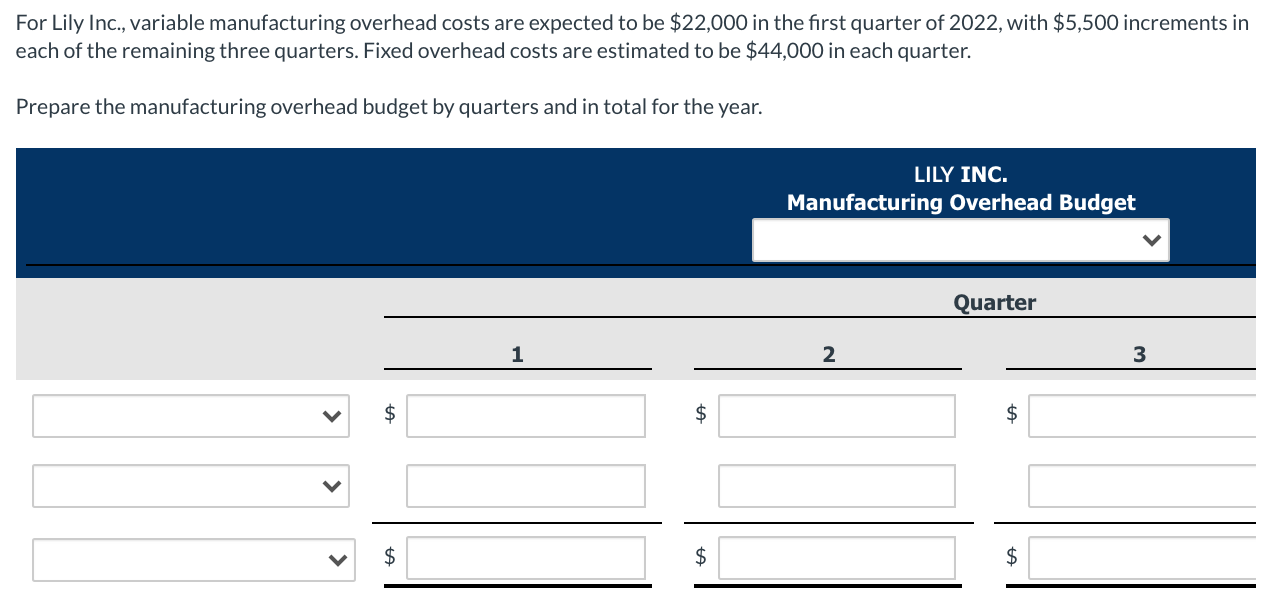  For Lily Inc., variable manufacturing overhead costs are expected to be