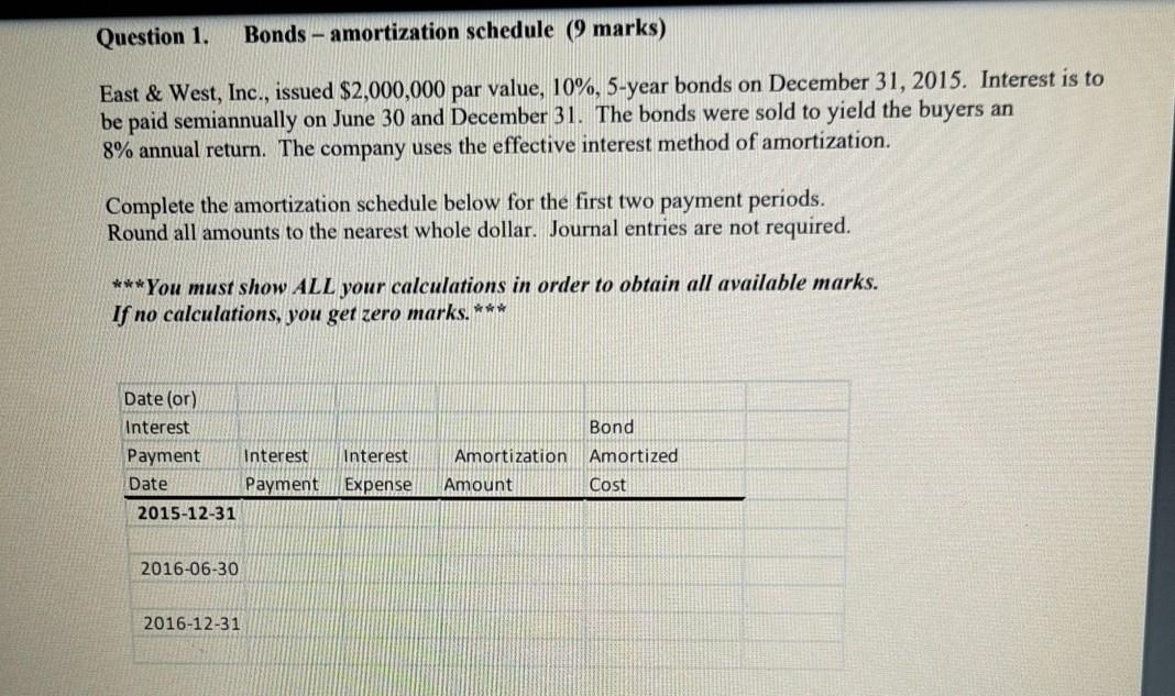  Question 1. Bonds - amortization schedule (9 marks) East & West,