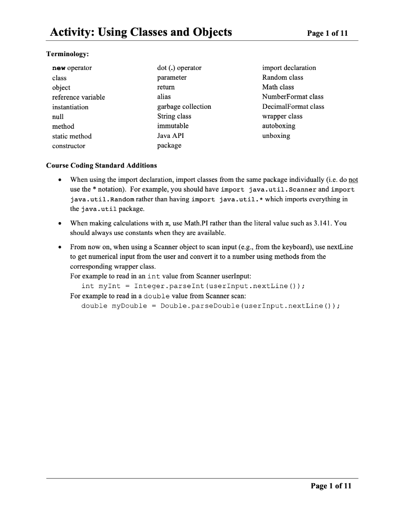  Activity: Using Classes and Objects Page 1 of 11 Terminology: new