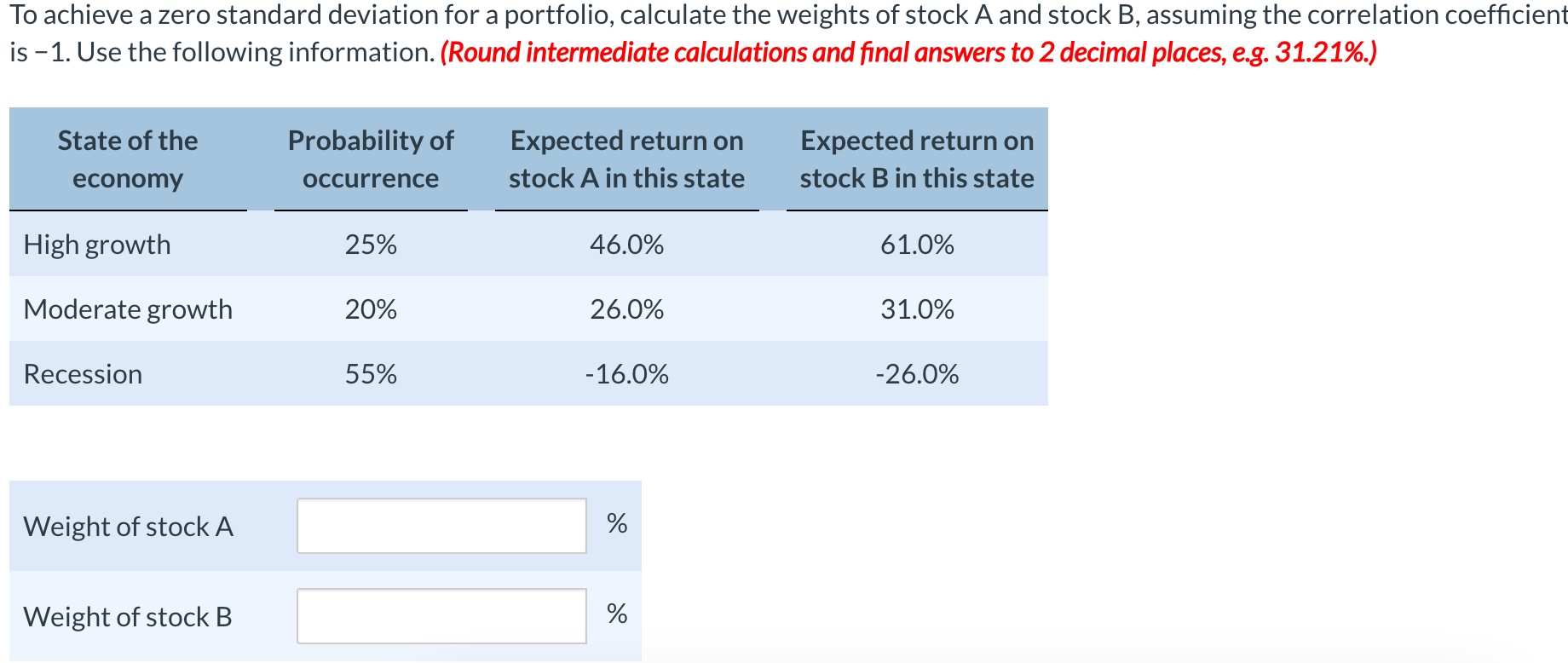  To achieve a zero standard deviation for a portfolio, calculate the