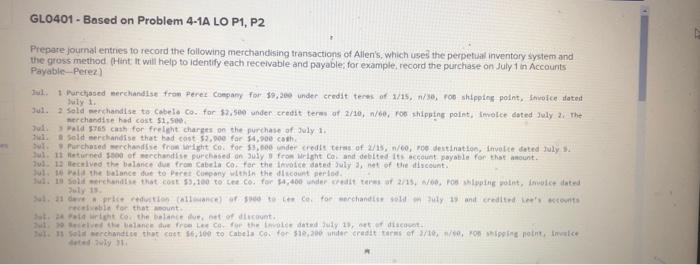  GLO401 - Based on Problem 4-1A LO P1, P2 Prepare journal