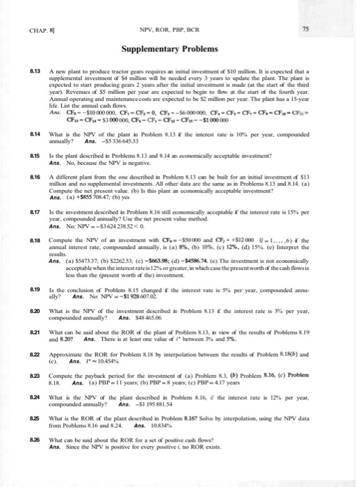 Problem 8.24 only CHAP. 8] 75 NPV, ROR, PRI ROR, PBP, BCR