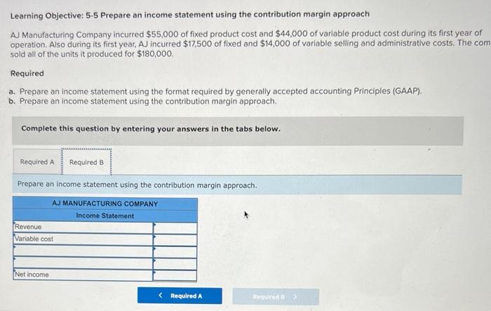income statement using the contribution margin approach AJ Manufacturing Company incurred $55,000