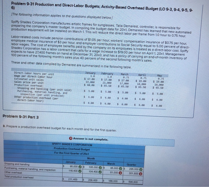  Problem 9-31 Production and Direct-Labor Budgets; Activity-Based Overhead Budget (LO 9-3,