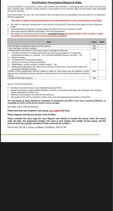  Final Project: Presentation/Report & Video Fral presentation is prepared by a