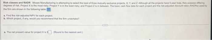  Risk classes and RADR Moses Manulacturing is atsompting to select the