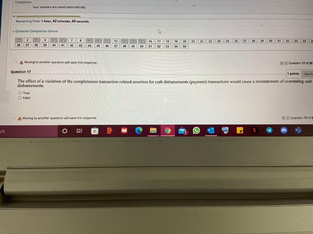 Completion Your answers are saved automatically. Remaining Time: 1 hour, 42