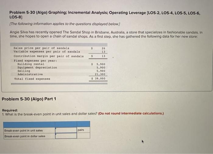  Problem 5-30 (Algo) Graphing; Incremental Analysis: Operating Leverage (LO5-2, LO5-4, LO5-5,