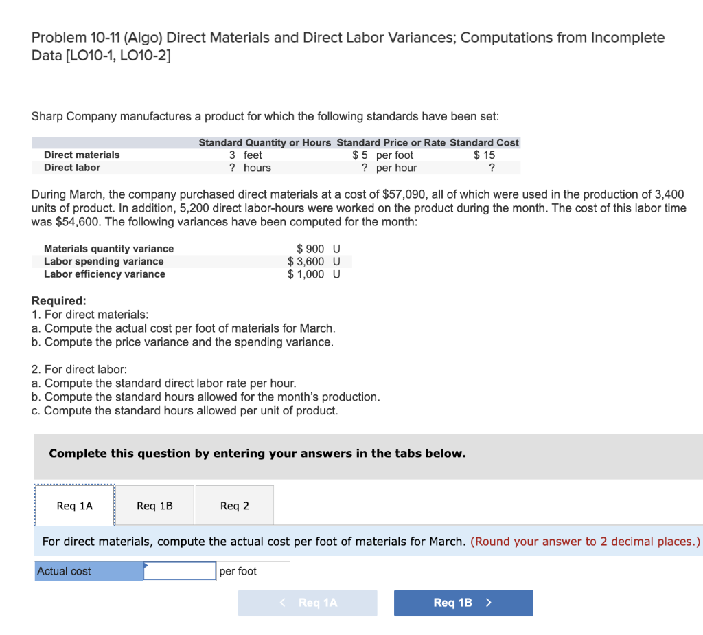 Problem 10-11 (Algo) Direct Materials and Direct Labor Variances; Computations from