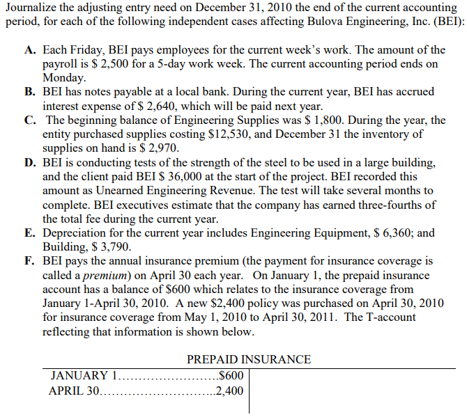  Journalize the adjusting entry need on December 31, 2010 the end