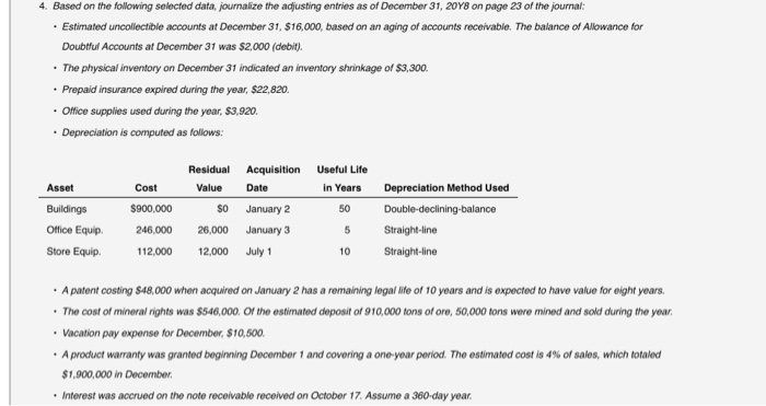  4. Based on the following selected data, journalize the adjusting entries