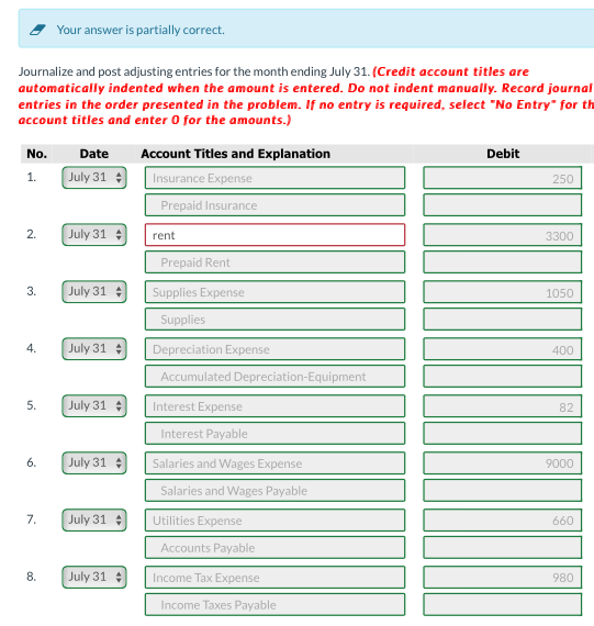 Your answer is partially correct. Journalize and post adjusting entries for