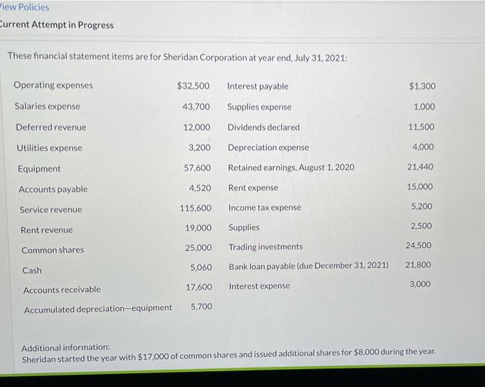  Wiew Policies Current Attempt in Progress These financial statement items are