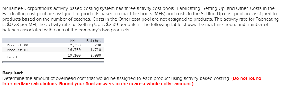 Mcnamee Corporation's activity-based costing system has three activity cost pools--Fabricating, Setting