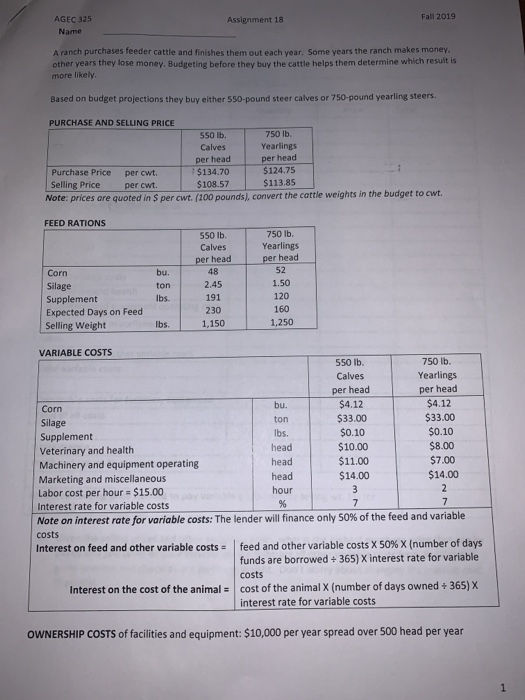  AGEC 325 Name Assignment 18 Fall 2019 Aranch purchases feeder cattle