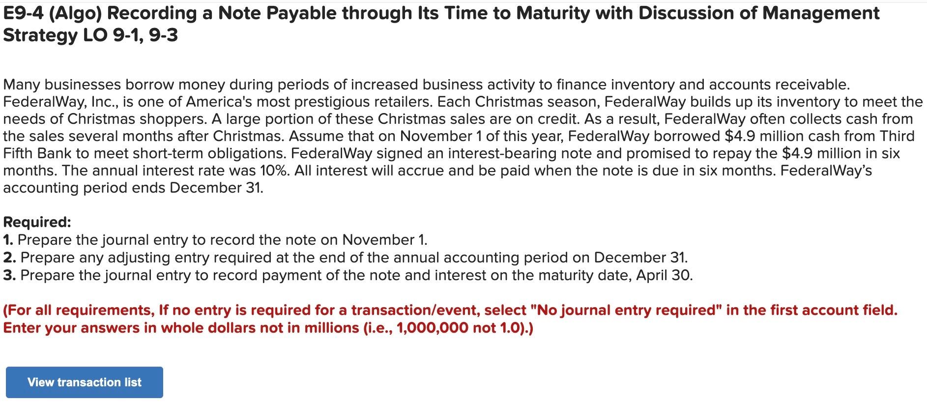  E9-4 (Algo) Recording a Note Payable through Its Time to Maturity