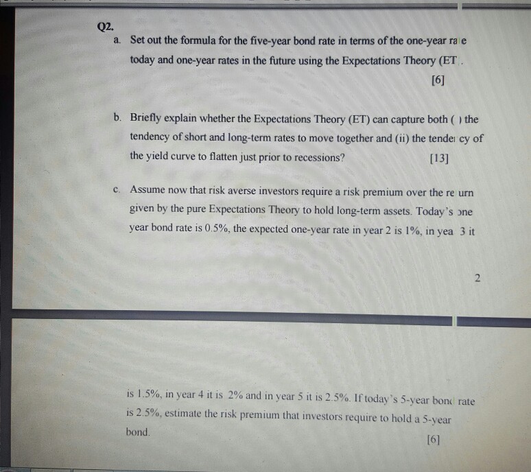  Expectations Theory, Q2. Set out the formula for the five-year bond