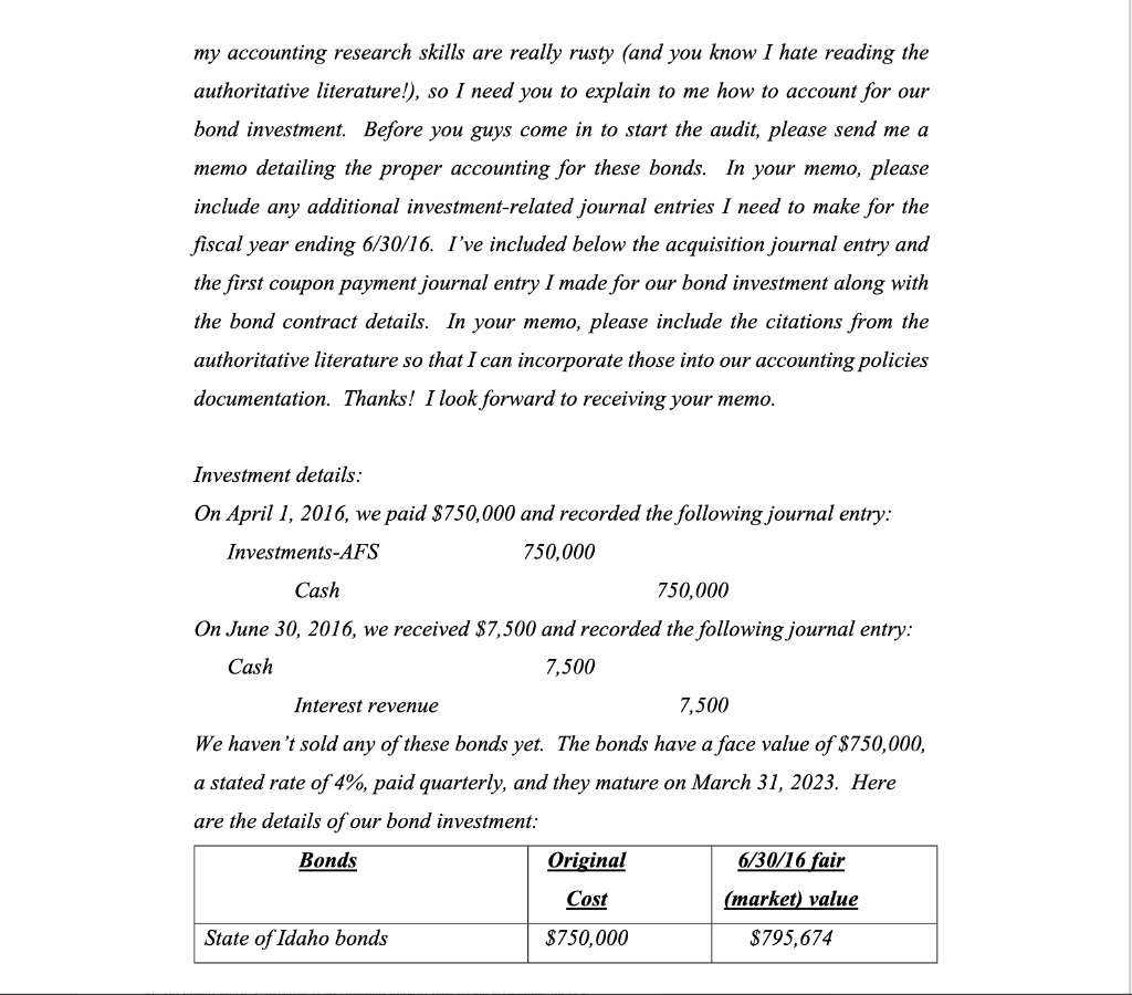 a memo to Mr. Stone in response to his request. Explain the