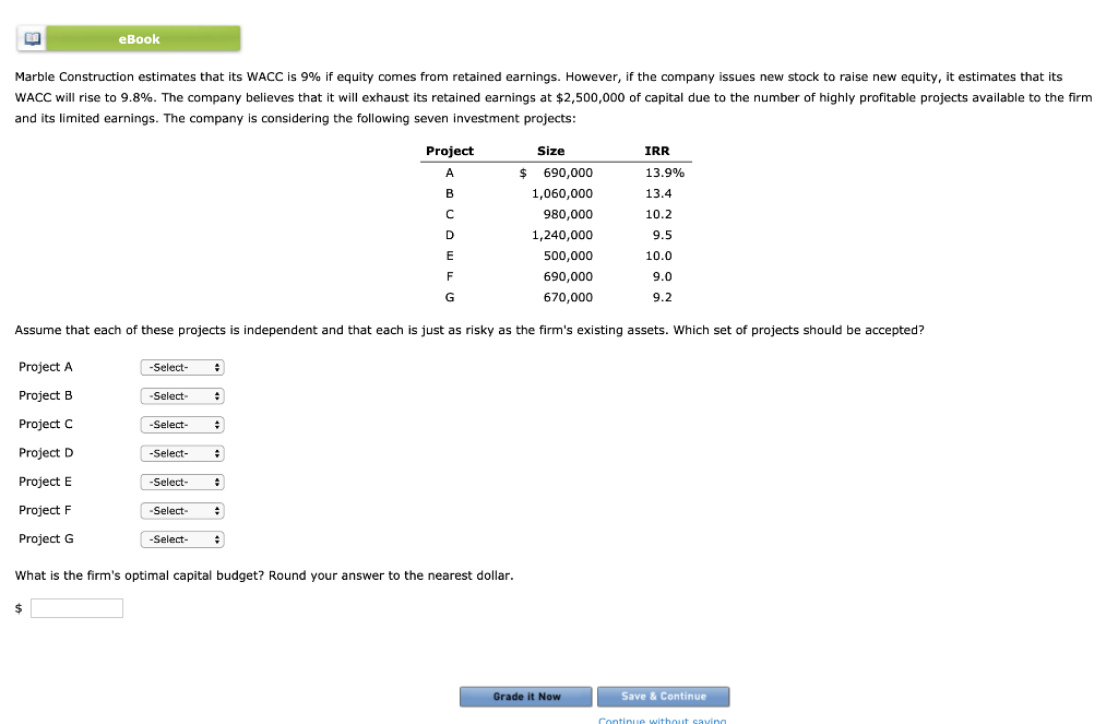 eBook Marble Construction estimates that its WACC is 9% if equity