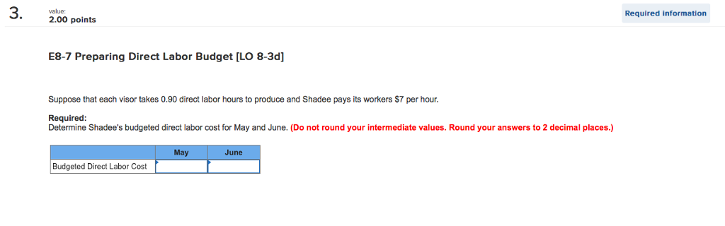 Manufacturing Overhead Budgets LO 8-3c, el Each visor requires a total of